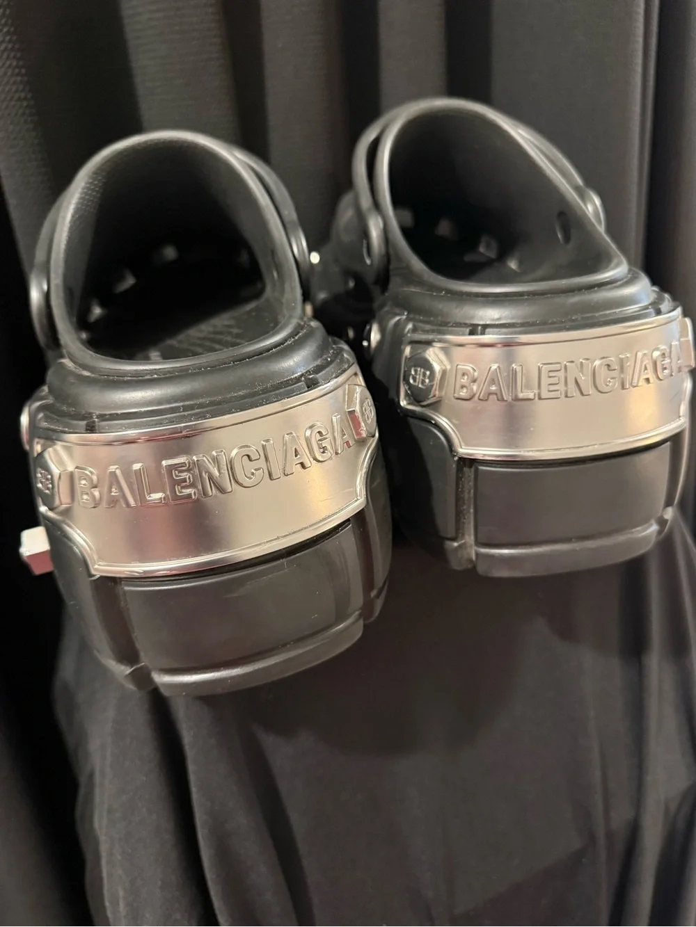 Balenciaga Black Platform Slip-On Clogs with Metallic Accents